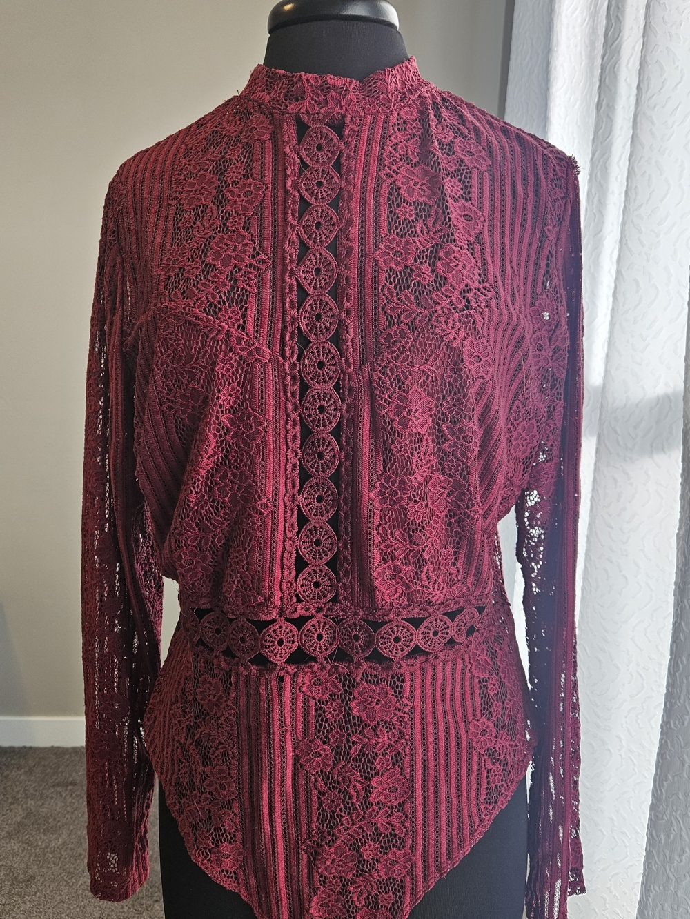 Vintage-Inspired Burgundy Lace Bodysuit